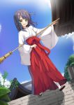  1girl :d bamboo_broom bangs blue_ribbon blue_sky blush broom brown_eyes brown_footwear brown_hair building clouds commentary_request day dutch_angle eyebrows_visible_through_hair hair_between_eyes hair_ornament hair_ribbon hakama highres japanese_clothes kimono long_sleeves looking_at_viewer miko one_side_up open_mouth original outdoors red_hakama ribbon round_teeth short_kimono sky smile socks solo stairs standing standing_on_one_leg stone_stairs teeth tsuyukina_fuzuki upper_teeth white_kimono white_legwear wide_sleeves x_hair_ornament zouri 