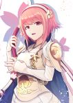  1girl :d bow_(weapon) breastplate detached_sleeves eyebrows_visible_through_hair fire_emblem fire_emblem_if highres holding holding_bow_(weapon) holding_weapon nakabayashi_zun open_mouth pink_hair red_eyes sakura_(fire_emblem_if) shiny shiny_hair short_hair_with_long_locks shoulder_armor sidelocks smile solo spaulders upper_body weapon white_background 