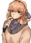  1girl brown_eyes brown_hair curly_hair finger_in_mouth fire_emblem fire_emblem_echoes:_mou_hitori_no_eiyuuou jenny_(fire_emblem) jewelry looking_at_viewer necklace rem_sora410 simple_background solo 
