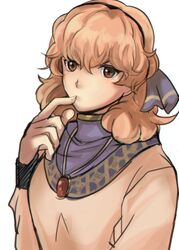  1girl brown_eyes brown_hair curly_hair finger_in_mouth fire_emblem fire_emblem_echoes:_mou_hitori_no_eiyuuou jenny_(fire_emblem) jewelry looking_at_viewer necklace rem_sora410 simple_background solo 