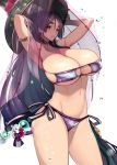  1girl arm_behind_head armlet armpits arms_up bangs bare_shoulders beads bikini blush breasts choker cleavage collarbone commentary_request eyepatch_bikini fate/grand_order fate_(series) highres hips huge_breasts ichimegasa kamaboko_(ossann0125) long_hair looking_at_viewer low-tied_long_hair minamoto_no_raikou_(fate/grand_order) minamoto_no_raikou_(swimsuit_lancer)_(fate) navel parted_bangs parted_lips purple_bikini purple_hair side-tie_bikini smile solo sparkle swimsuit thighs veil very_long_hair violet_eyes waist white_background 