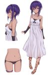  1girl alternate_costume bare_shoulders black_hairband black_panties blush dark_skin dress fate/prototype fate/prototype:_fragments_of_blue_and_silver fate_(series) full_body hair_between_eyes hairband hassan_of_serenity_(fate) highres monobe_tsukuri multiple_views navel panties purple_hair see-through short_hair solo thigh_strap underwear violet_eyes white_background white_dress 