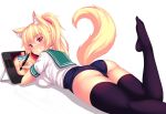  1girl absurdres animal_ears ass black_legwear blonde_hair blush breasts cat_ears commentary drawing english_commentary eyebrows_visible_through_hair fast-runner-2024 highres large_breasts long_hair looking_at_viewer lying on_stomach original panties ponytail school_swimsuit school_uniform scrunchie self-portrait serafuku simple_background slit_pupils smile solo striped striped_panties stylus swimsuit tablet_pc tail thigh-highs tiffy underwear yellow_eyes 