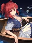  1girl asutora boat breasts cleavage collarbone commentary_request eyebrows_visible_through_hair eyes_visible_through_hair flower hair_between_eyes hair_bobbles hair_ornament highres large_breasts looking_at_viewer onozuka_komachi red_eyes redhead sash short_hair short_sleeves smile solo touhou two_side_up water watercraft 