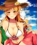  1girl alternate_costume bangs bikini blonde_hair blue_sky blush braid breasts brown_eyes cleavage clouds day french_braid hair_between_eyes hat italian_flag_bikini kakitamago kantai_collection large_breasts long_hair outdoors sarong shawl side_braid sidelocks sky smile solo sun_hat swimsuit wavy_hair zara_(kantai_collection) 