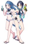  2girls alternate_costume bangs bikini black_gloves blue_eyes blue_hair blush border bottle breasts commentary frilled_bikini_bottom full_body gloves gradient gradient_background gradient_hair green_eyes grin hair_bobbles hair_ornament hair_over_shoulder half_gloves hand_on_hip highres kantai_collection locked_arms long_hair low_twintails midriff multicolored_hair multiple_girls navel parted_bangs ramune samidare_(kantai_collection) sandal_removed sandals signature smile splashing suzukaze_(kantai_collection) swept_bangs swimsuit teeth tonami_kanji twintails very_long_hair water water_gun white_background white_bikini 