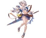  1girl armpits bangs bare_shoulders belt_pouch bikini bikini_skirt blue_eyes breasts cleavage collarbone detached_sleeves farrah_(granblue_fantasy) flipped_hair full_body granblue_fantasy jacket leg_up long_sleeves looking_at_viewer medium_breasts minaba_hideo navel off_shoulder official_art open_clothes open_jacket outstretched_arms pouch sandals short_hair silver_hair smile solo spread_arms standing swimsuit sword transparent_background weapon 