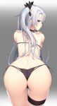  1girl antenna_hair ass azur_lane back bangs bikini black_bikini black_ribbon blush breasts brown_eyes choker dimples_of_venus eyebrows_visible_through_hair from_behind gradient gradient_background hair_between_eyes half-closed_eyes hands_on_own_shoulders highres large_breasts long_hair looking_at_viewer looking_back multicolored_hair olive_(laai) open_mouth prinz_eugen_(azur_lane) ribbon shiny shiny_skin shoulder_blades side-tie_bikini silver_hair simple_background skindentation solo streaked_hair swimsuit thigh_strap thighs two_side_up very_long_hair 