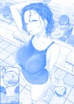  1girl 2boys anger_vein blue boat breasts check_commentary comic commentary commentary_request getsuyoubi_no_tawawa goggles half-closed_eyes heavy_breathing himura_kiseki large_breasts looking_at_viewer messy_hair monochrome multiple_boys open_mouth pool short_hair silent_comic swim_cap swim_cap_removed swimsuit visible_air watercraft wet 