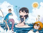  4girls ahoge black_hair blue_sky brown_hair chibi closed_eyes clouds comic commentary_request fang hair_between_eyes headgear ikazuchi_(kantai_collection) kantai_collection kickboard multiple_girls ocean one-piece_swimsuit open_mouth otoufu polka_dot polka_dot_swimsuit purple_hair seiza sitting sky smile splashing sun swim_cap swimming swimsuit translation_request ushio_(kantai_collection) waves yukikaze_(kantai_collection) 