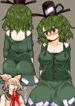 &gt;:( 2girls adapted_costume ass back bare_arms bare_shoulders blood blush breasts buttons cardigan cleavage clenched_hand collage collarbone crying crying_with_eyes_open earmuffs embarrassed epic_nosebleed eyebrows_visible_through_hair green_cardigan green_skirt grin hair_between_eyes hat impossible_clothes light_brown_hair looking_down medium_breasts medium_hair multiple_girls nose_blush nosebleed off_shoulder ofuda ofuda_on_clothes pointy_hair short_sleeves shoulder_blades skirt sleeveless smile soga_no_tojiko solo_focus streaming_tears tate_eboshi tears touhou toyosatomimi_no_miko upper_body v-shaped_eyebrows zetsumame 