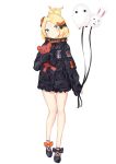  1girl :&lt; abigail_williams_(fate/grand_order) absurdres balloon bangs black_bow black_footwear black_jacket blonde_hair blue_eyes blush bow closed_mouth commentary_request fate/grand_order fate_(series) fou_(fate/grand_order) full_body hair_bow hair_bun highres holding holding_balloon jacket long_hair long_sleeves looking_at_viewer medjed object_hug orange_bow parted_bangs polka_dot polka_dot_bow shoes simple_background sleeves_past_fingers sleeves_past_wrists solo standing stuffed_animal stuffed_toy teddy_bear white_background yukaa 