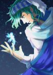  1boy artist_name cape fairy feathers fire_emblem fire_emblem:_seisen_no_keifu green_eyes green_hair highres levin_(fire_emblem) male_focus moon night night_sky open_mouth sky solo star_(sky) taguchi_(igutiguti) teeth turban 