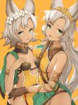  2girls animal_ears breast_press breasts brown_gloves commentary_request dark_skin gloves granblue_fantasy green_eyes head_wreath highres koretsuki_azuma long_hair looking_at_viewer medium_breasts melleau multiple_girls nemone open_mouth orange_background short_hair simple_background small_breasts smile white_hair 