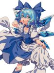  1girl adapted_costume apron apron_hold arm_up bloomers blue_bow blue_choker blue_eyes blue_footwear blue_hair boots bow choker cirno collarbone hair_bow highres ice ice_wings knee_boots looking_at_viewer manarou open_mouth puffy_short_sleeves puffy_sleeves short_hair short_sleeves simple_background solo touhou underwear white_background wings 