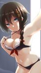  1girl bangs bare_arms bare_shoulders bikini black_bikini bow braid breasts brown_hair cleavage closed_mouth commentary_request eyebrows_visible_through_hair front-tie_top hair_between_eyes hair_bow hair_ornament head_tilt kantai_collection looking_at_viewer medium_breasts nagami_yuu navel outstretched_arm reaching_out red_bow self_shot shigure_(kantai_collection) side_braid single_braid smile solo swimsuit 