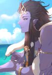  beach giant gran_(granblue_fantasy) granblue_fantasy gucha_(netsu) long_hair lyria_(granblue_fantasy) multiple_arms purple_skin shiva_(granblue_fantasy) sky snake 