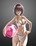  1girl ball bangs beachball black_background breasts brown_eyes brown_hair commentary_request cowboy_shot gluteal_fold hand_on_hip holding ikeda_(hayato) large_breasts light_smile lips looking_at_viewer medium_hair navel original parted_lips skindentation solo standing string_bikini thighs 