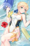  1girl ahoge artoria_pendragon_(all) blonde_hair breasts casual_one-piece_swimsuit excalibur fate/grand_order fate/stay_night fate_(series) feet_out_of_frame flower green_eyes hibiscus highres inflatable_toy innertube lying one-piece_swimsuit partially_submerged saber skyrail small_breasts solo swimsuit sword water water_gun weapon white_swimsuit 