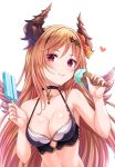  1girl :p bangs bare_arms bare_shoulders black_bikini_top blush breasts brown_hair cleavage collarbone commentary_request dark_angel_olivia eyebrows_visible_through_hair eyes_visible_through_hair flower food gem granblue_fantasy hair_between_eyes hair_flower hair_ornament hairband halter_top halterneck head_tilt heart hibiscus highres holding holding_food horns ice_cream ice_cream_cone long_hair looking_at_viewer medium_breasts orange_flower popsicle purple_wings red_eyes red_flower shiny shiny_hair shiny_skin sidelocks simple_background smile solo tomo_(user_hes4085) tongue tongue_out upper_body white_background wings 
