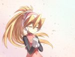 1girl 2578221183 bangs blonde_hair capcom ciel_(rockman) closed_eyes closed_mouth eyebrows_visible_through_hair gloves hair_between_eyes hands_together headgear high_ponytail long_hair ponytail rockman rockman_zero simple_background smile solo upper_body white_gloves 