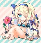  1girl arm_support bangs bare_legs bare_shoulders barefoot bikini blue_bikini blue_bow blue_eyes blue_hairband blush bow breasts chibi closed_mouth commentary_request diagonal-striped_background diagonal_stripes eyebrows_visible_through_hair flower full_body hair_bow hair_over_one_eye hairband halter_top halterneck hand_up long_hair looking_at_viewer lowres marshmallow_mille pandora_(p&amp;d) puzzle_&amp;_dragons red_flower side-tie_bikini sitting small_breasts smile solo striped striped_background swimsuit twitter_username very_long_hair 