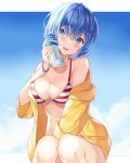  1girl bangs bare_shoulders bikini blue_eyes blue_hair blue_sky blush bottle bottle_to_cheek breasts cleavage clouds collarbone commentary day english_commentary eyebrows_visible_through_hair hair_between_eyes hair_ornament hairclip hand_up head_tilt hitsukuya holding holding_bottle jacket long_sleeves looking_at_viewer medium_breasts off_shoulder parted_lips re:zero_kara_hajimeru_isekai_seikatsu rem_(re:zero) short_hair sitting sky smile solo striped striped_bikini swimsuit twitter_username water water_bottle x_hair_ornament yellow_jacket 