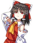  1girl :&lt; annoyed arm_at_side arm_behind_head arm_up armpit_peek ascot bags_under_eyes bare_shoulders bow brown_hair closed_mouth detached_sleeves empty_eyes eyebrows_visible_through_hair frilled_bow frills hair_bow hair_ornament hair_tubes hakurei_reimu highres long_sleeves looking_at_viewer manarou medium_hair motion_lines red_eyes red_skirt red_vest ribbon-trimmed_sleeves ribbon_trim scratching simple_background skirt skirt_set solo touhou upper_body v-shaped_eyebrows vest white_background wide_sleeves yellow_neckwear 