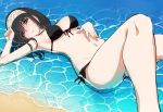1girl absurdres bikini black_bikini black_hair blue_eyes blush breasts cleavage eyebrows_visible_through_hair front-tie_top go-1 groin hair_over_eyes hand_on_own_stomach highres idolmaster idolmaster_cinderella_girls large_breasts long_hair looking_at_viewer lying navel nose_blush on_back partially_submerged sagisawa_fumika side-tie_bottom solo strap_slip swimsuit thighs thinking water