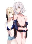  2girls ahoge artoria_pendragon_(all) artoria_pendragon_(swimsuit_rider_alter) bikini black_bikini blonde_hair bow braid breasts choker cleavage commentary_request fate/grand_order fate_(series) french_braid frown hair_between_eyes hair_bow hand_on_own_elbow hand_on_own_thigh jeanne_d&#039;arc_(alter)_(fate) jeanne_d&#039;arc_(fate)_(all) kanameya large_breasts leaning_forward multiple_girls navel o-ring o-ring_bikini saber_alter short_hair short_shorts shorts small_breasts swimsuit white_background white_hair yellow_eyes 