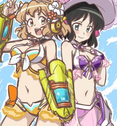  2girls arm_up black_hair blonde_hair blue_background blush breasts cleavage eyebrows_visible_through_hair flower gauntlets green_eyes hair_flower hair_ornament hat highres kohinata_miku medium_breasts multiple_girls navel oonamuamidabutu open_mouth painterly senki_zesshou_symphogear senki_zesshou_symphogear_xd_unlimited short_hair smile swimsuit swimsuit_skirt symphogear_pendant tachibana_hibiki_(symphogear) thighs yellow_eyes 