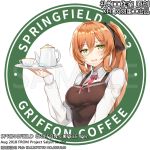  1girl apron artist_request blush bow bowtie chinese_commentary commentary_request cup english girls_frontline green_eyes logo_parody m1903_springfield_(girls_frontline) orange_hair sample solo starbucks teacup teapot tray waitress 