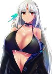  1girl azur_lane bangs bare_shoulders bikini_top black_bikini_top black_jacket breasts brown_eyes choker dark_skin expressionless eyebrows_visible_through_hair facial_mark feathers forehead_mark hair_feathers highres huge_breasts ibara_azuki jacket long_hair long_sleeves looking_at_viewer massachusetts_(azur_lane) native_american navel off_shoulder open_clothes open_jacket parted_bangs silver_hair solo swimsuit swimsuit_under_clothes tattoo very_long_hair 