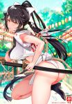  1girl ass azur_lane bangs black_footwear black_hair bow breasts closed_mouth commentary_request eyebrows_visible_through_hair festival from_side fundoshi hair_between_eyes hair_bow hair_flaps hayakawa_akari holding holding_sword holding_weapon japanese_clothes katana kimono large_breasts ponytail ribbon sword takao_(azur_lane) weapon white_bow white_kimono white_ribbon yamakasa yellow_eyes 