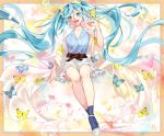  1girl :d animal_print bare_legs black_ribbon blue_butterfly blue_eyes blue_hair blue_legwear blue_shirt blush border bubble bug butterfly butterfly_print cloak clothes_lift eyebrows_visible_through_hair fingernails floating_hair floral_background flower frilled_skirt frills full_body half-closed_eyes hand_up happy hatsune_miku insect legs_crossed long_hair looking_at_viewer multicolored multicolored_background open_mouth orange_background outside_border palm_tree pink_background plant polka_dot polka_dot_background purple_background ribbon sakikko shirt sitting skirt smile socks solo striped striped_legwear striped_shirt tree vertical-striped_legwear vertical-striped_shirt vertical_stripes very_long_hair vocaloid white_background white_cloak white_footwear white_skirt yellow_butterfly 