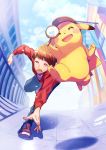  1boy 1other :o blue_sky blush_stickers brown_eyes brown_hair clouds cloudy_sky creatures_(company) deerstalker denim detective_pikachu game_freak gen_1_pokemon great_detective_pikachu:_the_birth_of_a_new_duo hat jeans leg_up looking_at_another magnifying_glass male_focus momoiro_oji nintendo open_mouth pants pikachu pokemon pokemon_(creature) running shoes short_hair sky sneakers sweatdrop tim_goodman tripping 