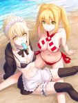  2girls ahoge apron arm_support artoria_pendragon_(all) artoria_pendragon_(swimsuit_rider_alter) bangs bare_arms bare_shoulders beach bikini bikini_top black_bikini_top black_jacket black_legwear black_skirt blonde_hair blush braid breasts cleavage closed_mouth collarbone commentary_request criss-cross_halter day eyebrows_visible_through_hair fate/grand_order fate_(series) fingernails food food_in_mouth frilled_bikini_top green_eyes groin hair_between_eyes hair_bun hair_intakes halterneck hood hooded_jacket jacket large_breasts leg_garter long_hair long_sleeves maid_headdress medium_breasts mouth_hold multiple_girls navel nero_claudius_(fate)_(all) nero_claudius_(swimsuit_caster)_(fate) open_clothes open_jacket outdoors popsicle red_bikini sand shouhei side-tie_bikini sitting skirt smile striped striped_bikini swimsuit thigh-highs twintails waist_apron water white_apron yellow_eyes 