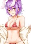  1girl alternate_hairstyle animal_ears bangs bare_shoulders bikini blush braid breasts collarbone commentary_request diagonal-striped_bikini eyebrows_visible_through_hair hair_between_eyes halterneck highres large_breasts looking_at_viewer navel open_mouth ponytail purple_hair rabbit_ears red_bikini red_eyes reisen_udongein_inaba santarou short_hair sidelocks simple_background solo stomach striped striped_bikini swimsuit touhou undressing upper_body white_background 