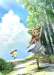  1girl :d arm_up blue_sky blush bow bowtie brown_eyes brown_hair clouds da dress floating_hair full_body highres long_hair looking_at_viewer mikan_(pokemon) open_mouth orange_bow outdoors pokemon pokemon_(game) pokemon_hgss ribero short_dress short_twintails sky sleeveless sleeveless_dress smile standing standing_on_one_leg sundress sunflora sunlight tree twintails very_long_hair white_dress 