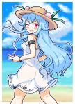  1girl ;d absurdres armband ass bangs bare_shoulders beach blue_hair blue_sky blurry blurry_background blush bracelet breasts brown_hat clouds day dress eruru_(erl) eyebrows_visible_through_hair fang food fruit hat highres hinanawi_tenshi jewelry kneepits light_blue_hair long_hair looking_at_viewer looking_back ocean one_eye_closed open_mouth outdoors outline peach red_eyes sky small_breasts smile solo straw_hat touhou very_long_hair water white_dress white_outline 