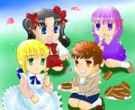  1boy 3girls ahoge artoria_pendragon_(all) black_hair blonde_hair blue_eyes bowtie brown_hair child cup cute day dress drink emiya_shirou fate/stay_night fate/zero fate_(series) floral_print food grass green_eyes group hair_ribbon jacket matou_sakura orange_eyes outdoors petals picnic purple_hair ribbon saber shoes shorts tea tohsaka_rin violet_eyes white_shirt younayounayou young younger 