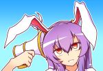  1girl animal_ears blue_background eyebrows_visible_through_hair gradient gradient_background highres long_hair looking_away majormilk megaphone parted_lips purple_hair rabbit_ears red_eyes reisen_udongein_inaba simple_background solo touhou upper_body wool_(miwol)_(style) 