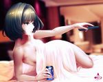 1girl bangs bare_shoulders bed_sheet bedroom blue_eyes blurry blurry_background blush breasts brown_hair can cleavage collarbone controller eyebrows_visible_through_hair green_eyes green_hair heterochromia highres holding holding_can holding_remote idolmaster idolmaster_cinderella_girls indoors infinote looking_away lying medium_breasts mole mole_under_eye naked_sheet on_bed on_side parted_lips remote_control short_hair sideboob signature solo takagaki_kaede thighs under_covers 