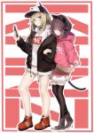  2girls animal_ear_headphones bare_legs black_footwear black_legwear blonde_hair blue_eyes brown_hair cat_tail cellphone dog_tail earphones hand_in_pocket hat hat_with_ears highres hood hood_down hoodie jacket kmnz_lita kmnz_liz kmnz_liz_(character) locked_arms long_hair mc_lita miniskirt multiple_girls no_pants open_clothes open_jacket phone pink_eyes pink_hoodie pirapirapirapira pleated_skirt red_footwear short_hair skirt smartphone sweatdrop tail thigh-highs virtual_youtuber white_hoodie zettai_ryouiki 