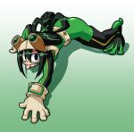  1girl :&gt; asui_tsuyu black_eyes bodysuit boku_no_hero_academia frog_girl goggles goggles_on_head green_bodysuit hair_rings long_hair low-tied_long_hair robert_j_case solo tongue tongue_out 