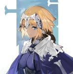  1girl andrian_gilang armor armored_dress bangs blonde_hair blue_cape blue_dress blue_eyes braid breasts cape capelet chains dress eyebrows_visible_through_hair fate/apocrypha fate/grand_order fate_(series) gauntlets headpiece highres jeanne_d&#039;arc_(fate) jeanne_d&#039;arc_(fate)_(all) large_breasts long_braid long_hair looking_at_viewer single_braid smile 