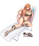 1girl bangs bare_shoulders beach_chair bikini blush breasts brown_hair choker cleavage commentary_request cup drinking_glass drinking_straw earrings eyebrows_visible_through_hair food fruit full_body gang_of_heaven halterneck high_heels holding jewelry large_breasts lips logo long_hair looking_at_viewer lying makeup masami_chie multi-strapped_bikini nail_polish navel official_art on_side one_eye_closed orange orange_slice parted_lips shiny shiny_hair shiny_skin simple_background solo swimsuit tattoo tropical_drink violet_eyes white_background 