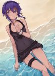  1girl bare_shoulders beach black_dress black_hairband blush covered_navel dark_skin dress fate/prototype fate/prototype:_fragments_of_blue_and_silver fate_(series) frilled_dress frills from_above hair_between_eyes hairband hassan_of_serenity_(fate) highres looking_at_viewer lying monobe_tsukuri on_back purple_hair scrunchie see-through short_hair smile solo thigh_strap violet_eyes wrist_scrunchie 