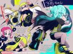  2girls @_@ agent_8 aqua_eyes aqua_hair artist_name asymmetrical_sleeves bangs black_jacket blunt_bangs bracelet character_name closed_mouth commentary_request corruption domino_mask flying_sweatdrops giving_up_the_ghost green_eyes green_hair halo headgear hero_shot_(splatoon) holding holding_weapon inkling inumaru_akagi jacket jewelry jumping light_frown long_hair looking_at_another looking_at_viewer lying makeup mascara mask midriff motion_blur motion_lines multiple_girls multiple_views octarian octoling on_side pixiv_id redhead shoes short_hair solo splatoon splatoon_2 splatoon_2:_octo_expansion spoilers squidbeak_splatoon standing star sweatdrop translation_request vest violet_eyes weapon yellow_footwear yellow_vest 