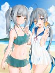  2girls beach bikini bikini_under_clothes blue_eyes blue_sky blush breasts closed_mouth clouds cloudy_sky eyebrows_visible_through_hair green_bikini grey_hair highres kantai_collection kasumi_(kantai_collection) kiyoshimo_(kantai_collection) long_hair looking_at_viewer multiple_girls ocean one_eye_closed open_mouth school_uniform serafuku side_ponytail sky small_breasts smile swimsuit umino_haruka_(harukaumino6) v yellow_eyes 